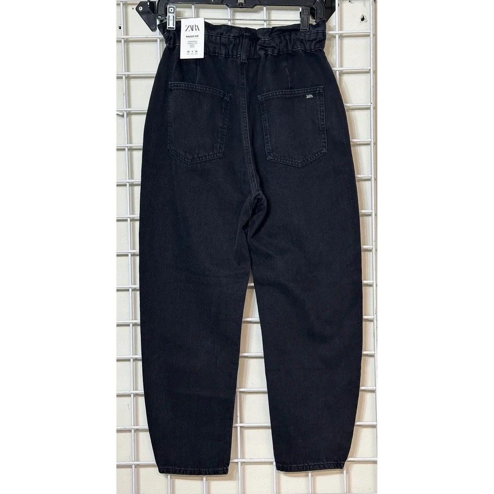Zara Baggy Fit Paperbag Waist Carrot Leg Jeans Black Rigid Denim Womens 4 NEW - Picture 3 of 10